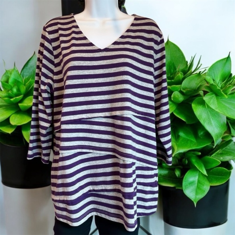 Denim Co Purple Gray Striped Asymmetrical Top Lagenlook L